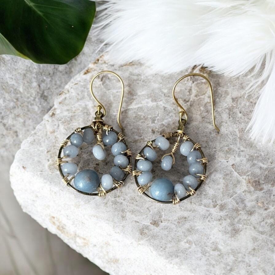 Gold Hoop Earrings with Wire Wrapped Blue Stones