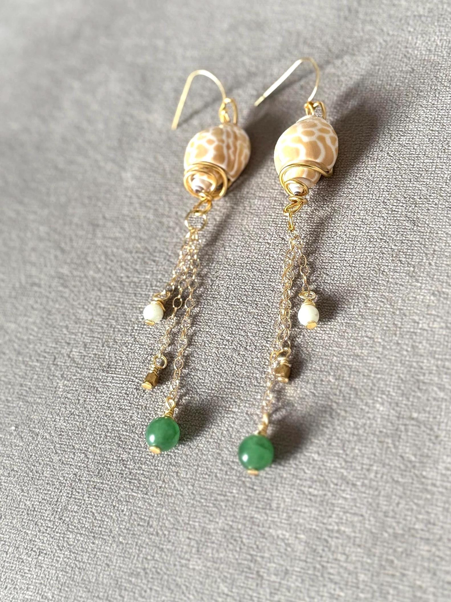Desert Mermaid Drops – Shell & Gold Chain Earrings with Jade Charms