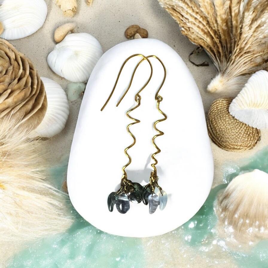 Gold Spiral Drop Earrings with Blue Crystal Clusters