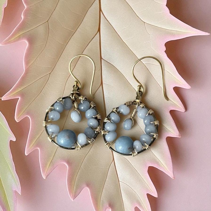 Gold Hoop Earrings with Wire Wrapped Blue Stones