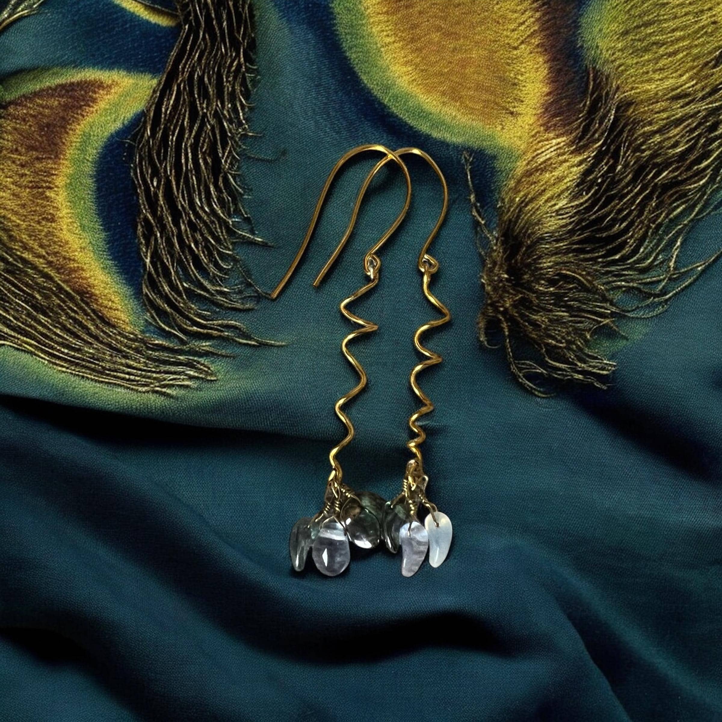 Gold Spiral Drop Earrings with Blue Crystal Clusters