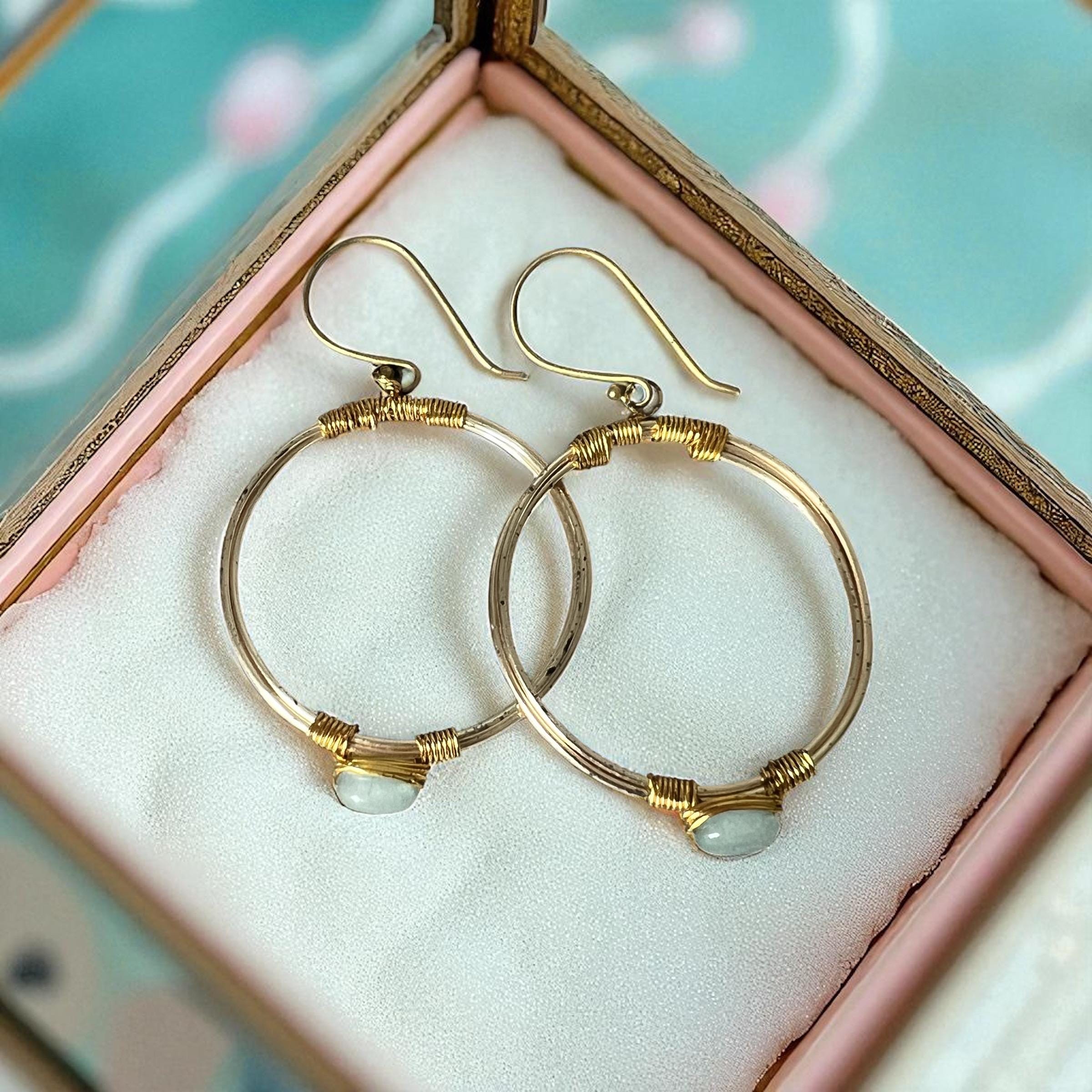 Gold Hoop Earrings with Wire Wrapped Stones