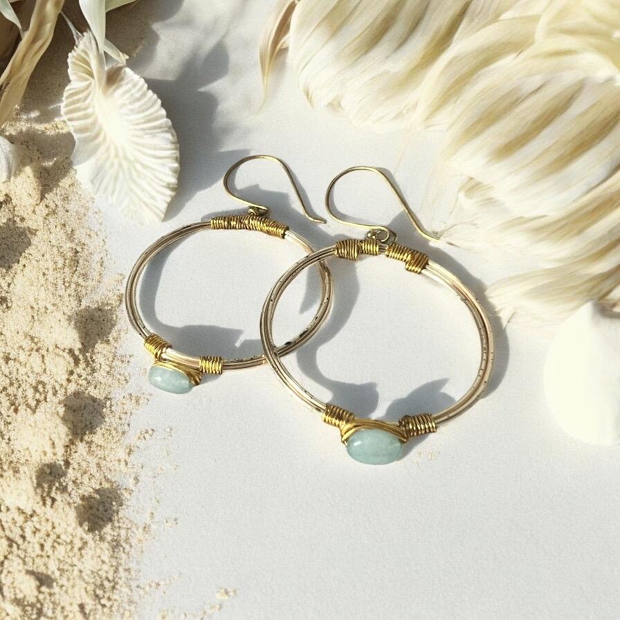 Gold Hoop Earrings with Wire Wrapped Stones