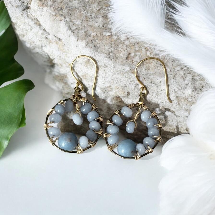 Gold Hoop Earrings with Wire Wrapped Blue Stones