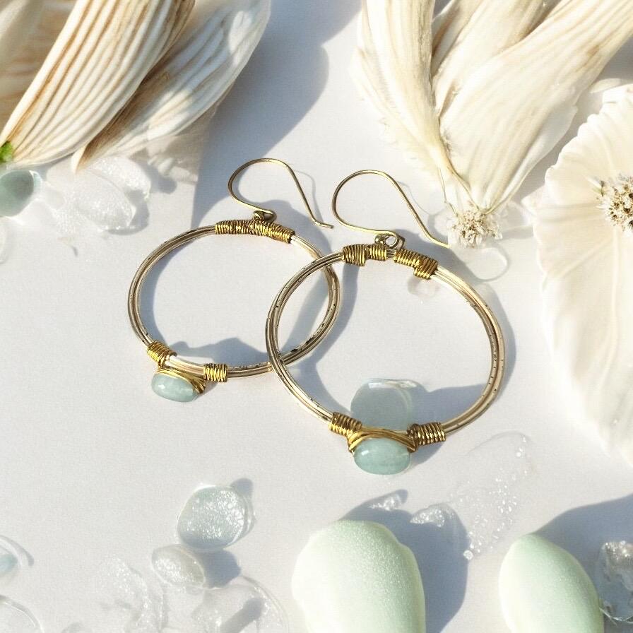 Gold Hoop Earrings with Wire Wrapped Stones