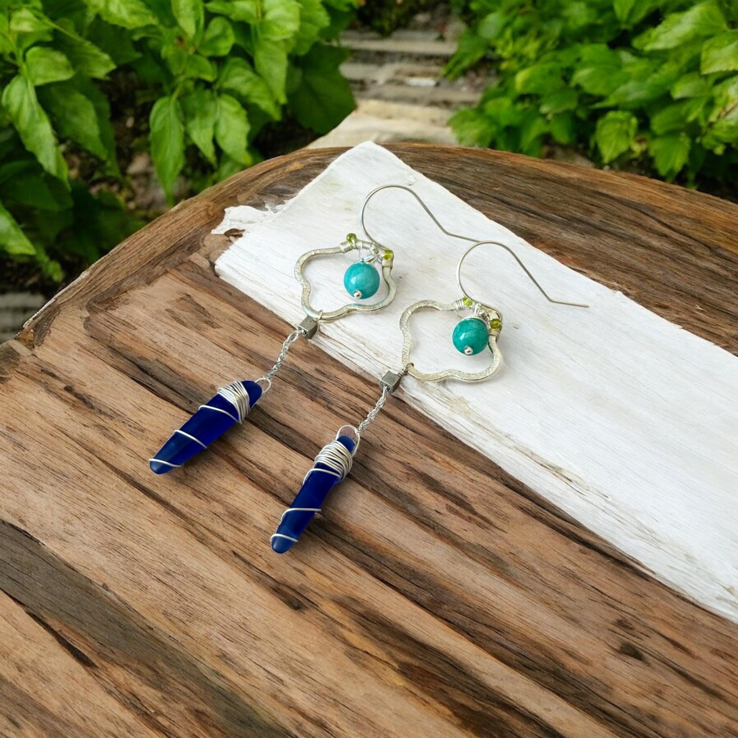 Sapphire Sea Glass Spire Drop Earrings