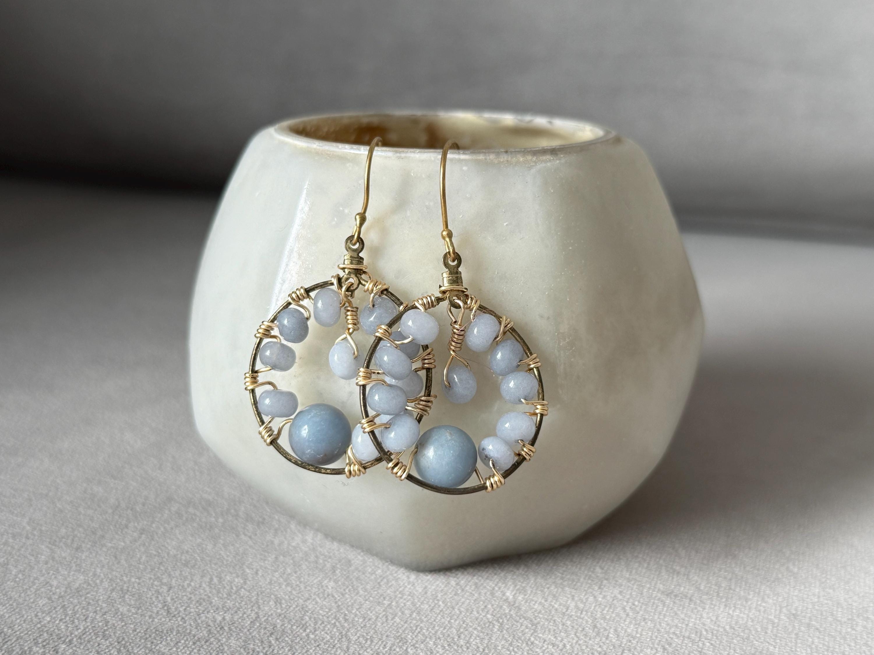 Gold Hoop Earrings with Wire Wrapped Blue Stones