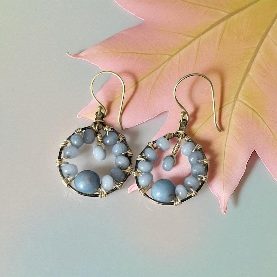 Gold Hoop Earrings with Wire Wrapped Blue Stones