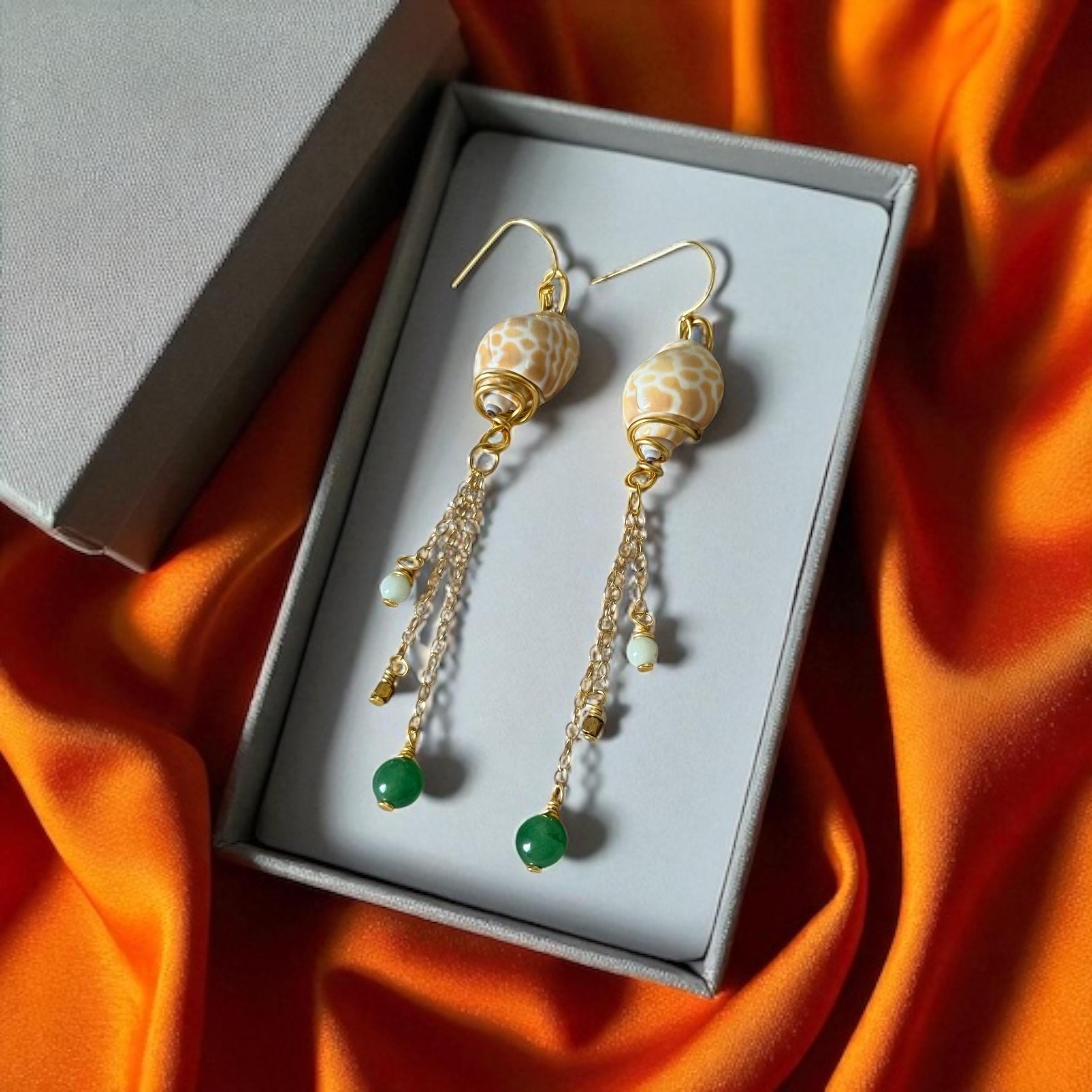 Desert Mermaid Drops – Shell & Gold Chain Earrings with Jade Charms