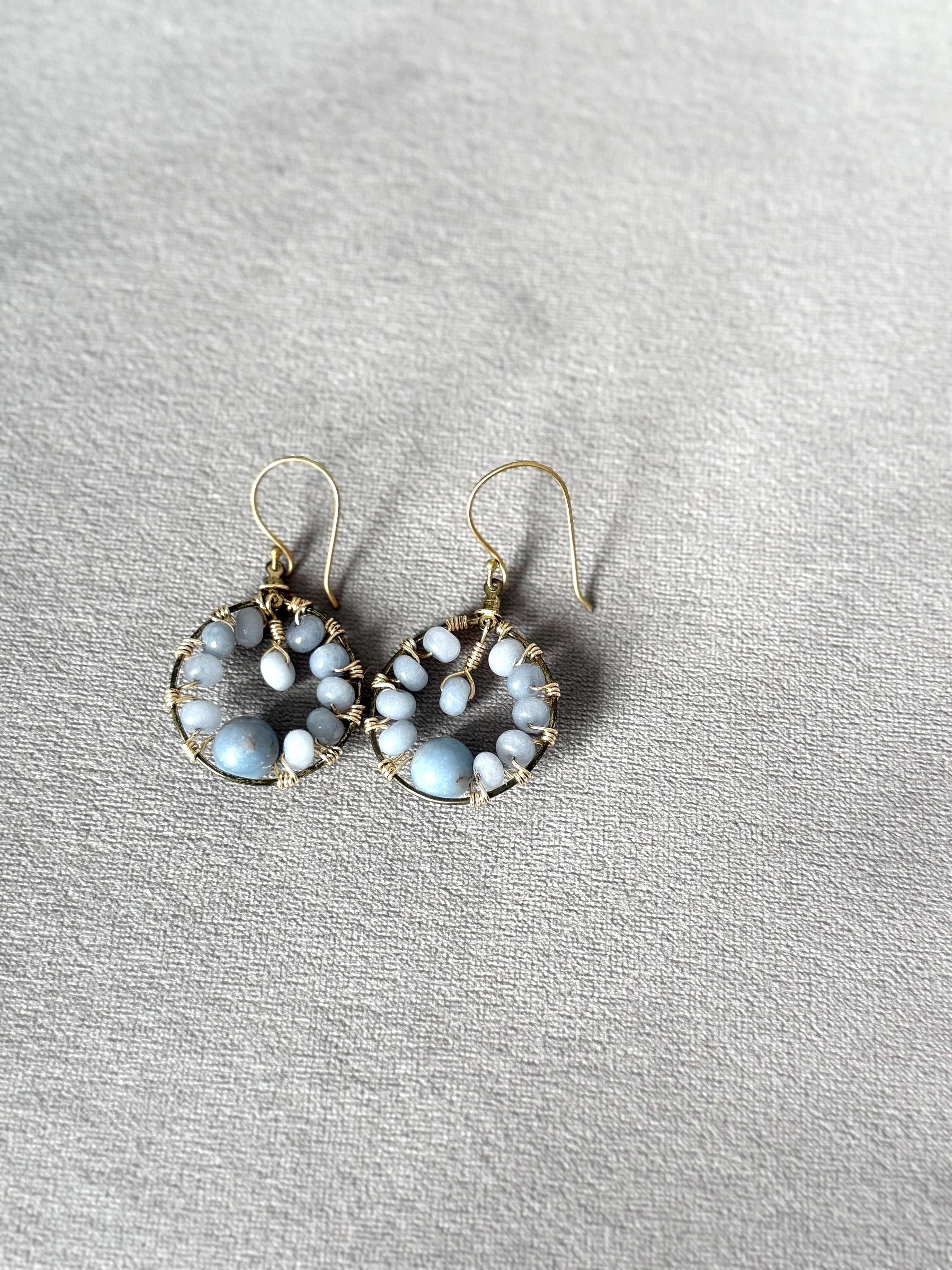 Gold Hoop Earrings with Wire Wrapped Blue Stones