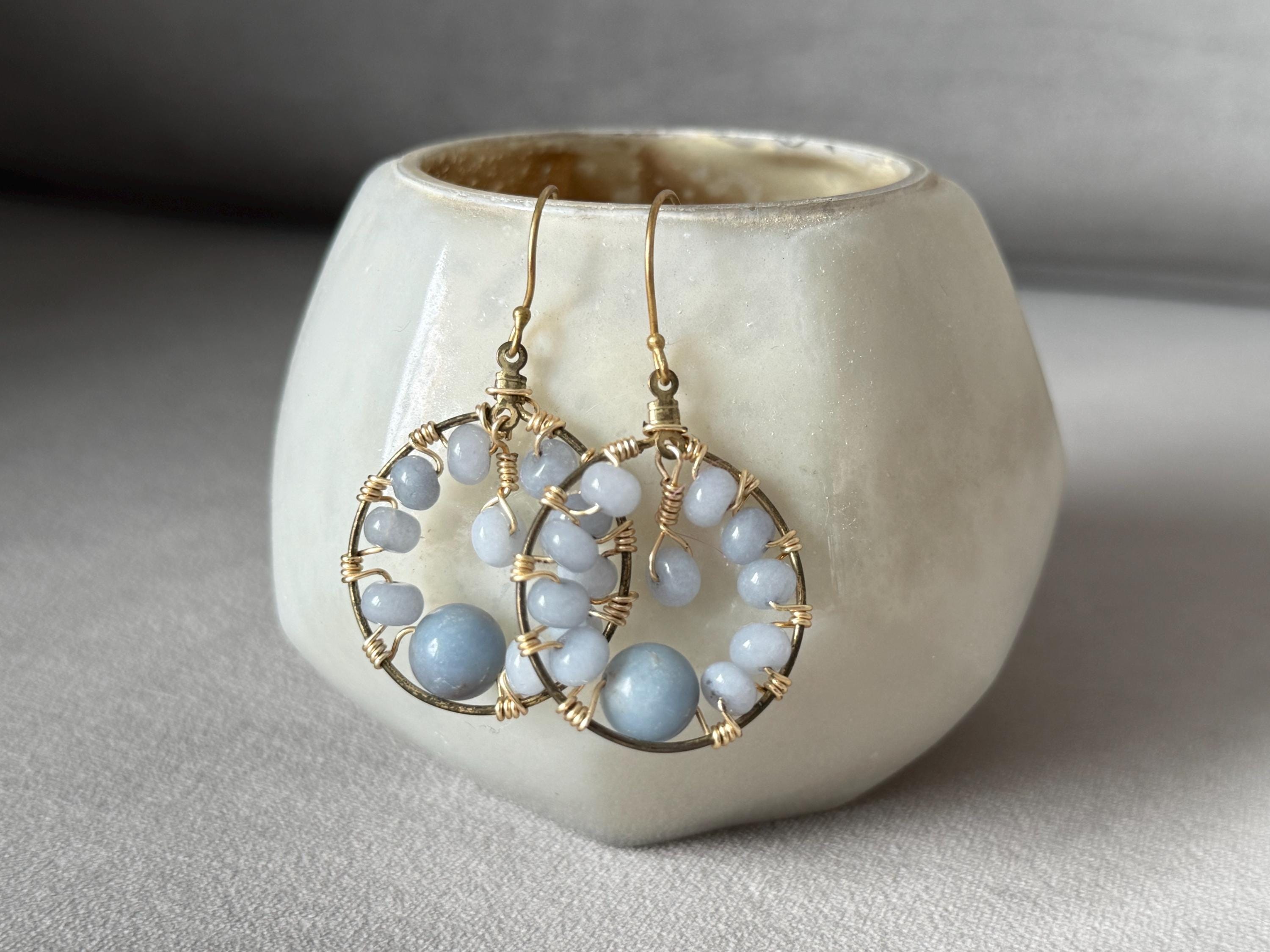 Gold Hoop Earrings with Wire Wrapped Blue Stones