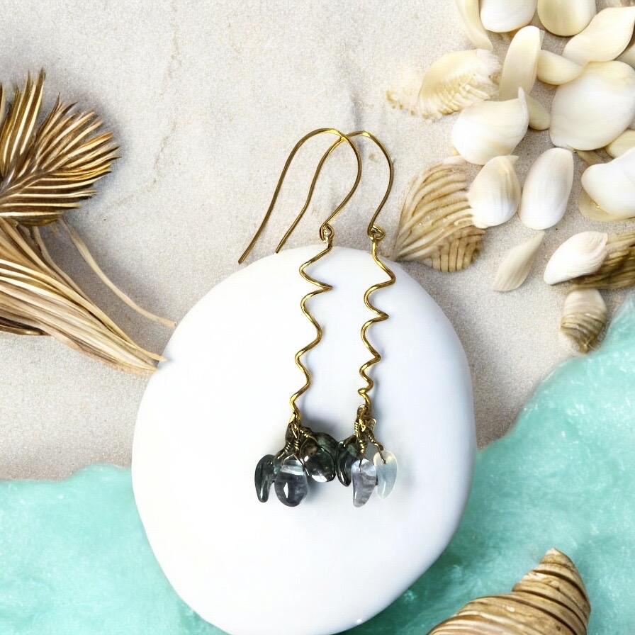 Gold Spiral Drop Earrings with Blue Crystal Clusters