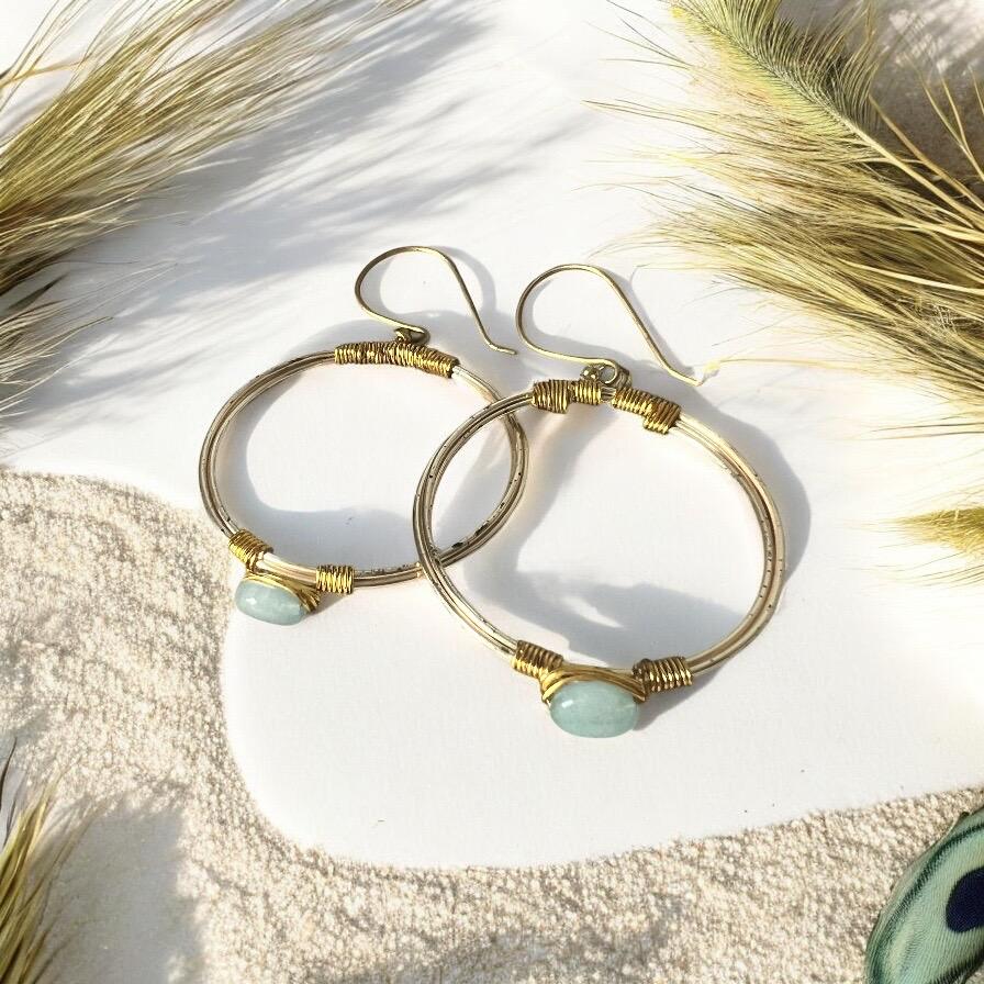 Gold Hoop Earrings with Wire Wrapped Stones