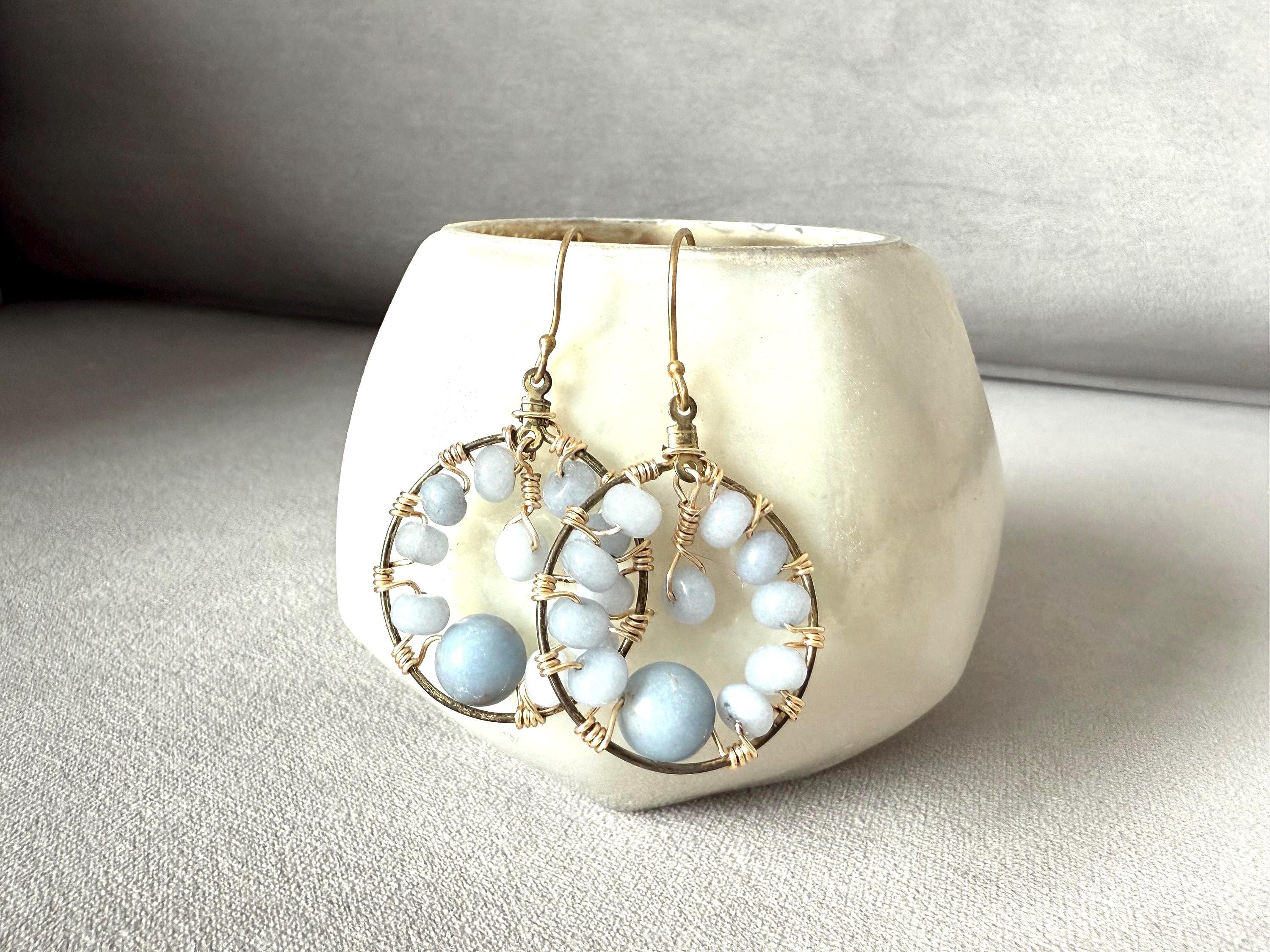 Gold Hoop Earrings with Wire Wrapped Blue Stones