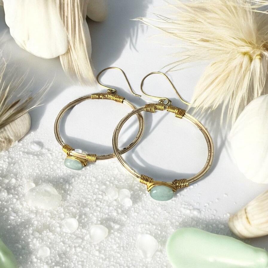 Gold Hoop Earrings with Wire Wrapped Stones