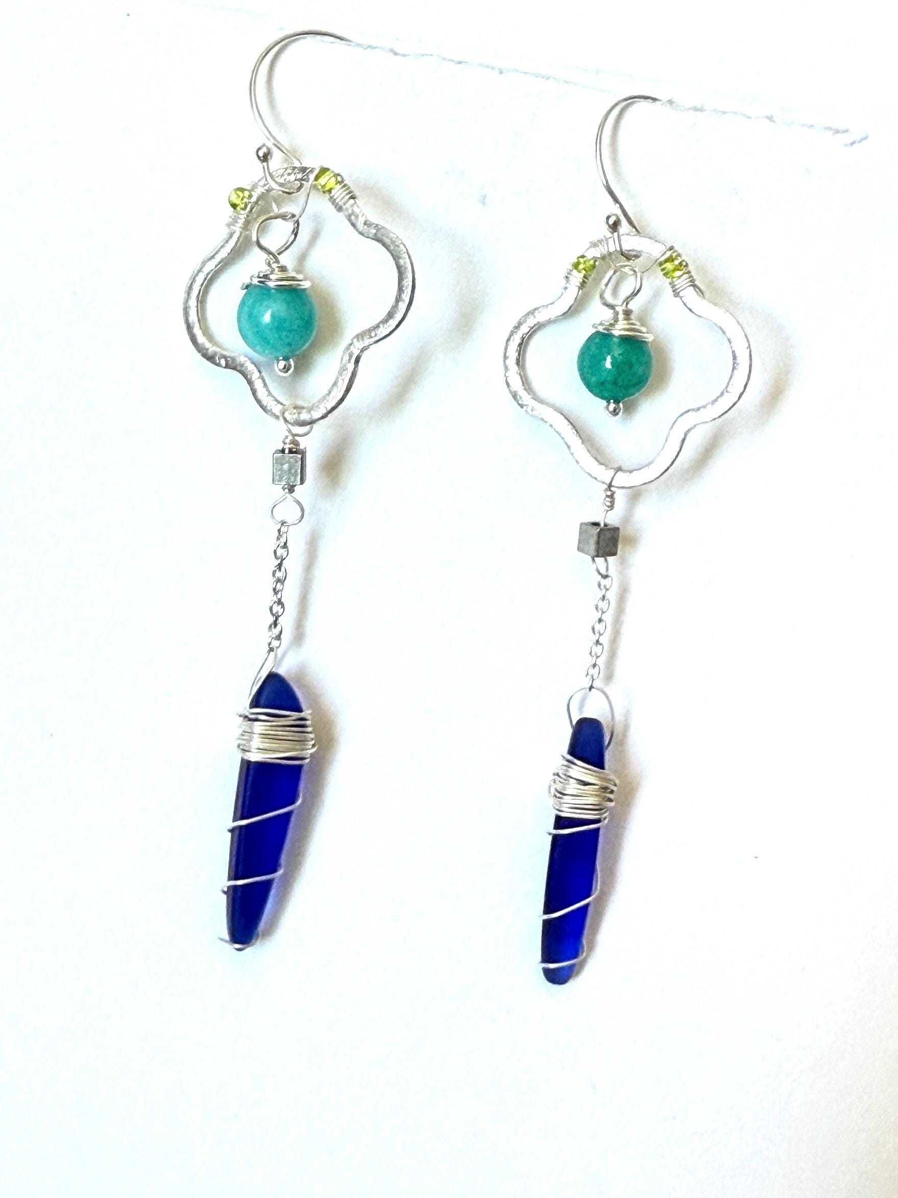 Sapphire Sea Glass Spire Drop Earrings