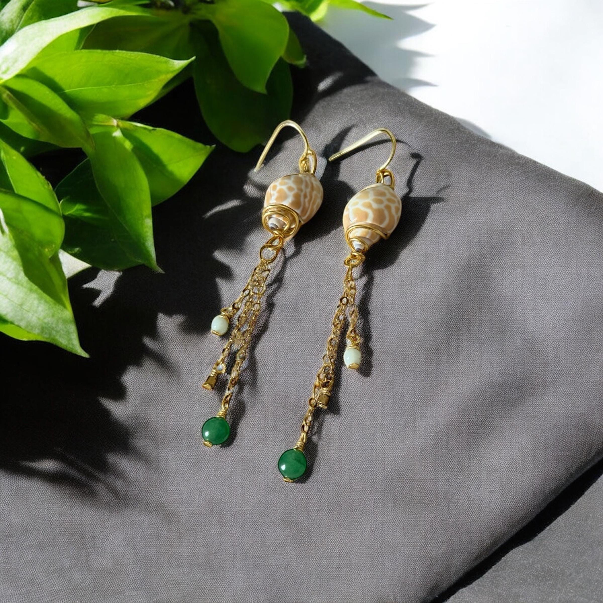 Desert Mermaid Drops – Shell & Gold Chain Earrings with Jade Charms