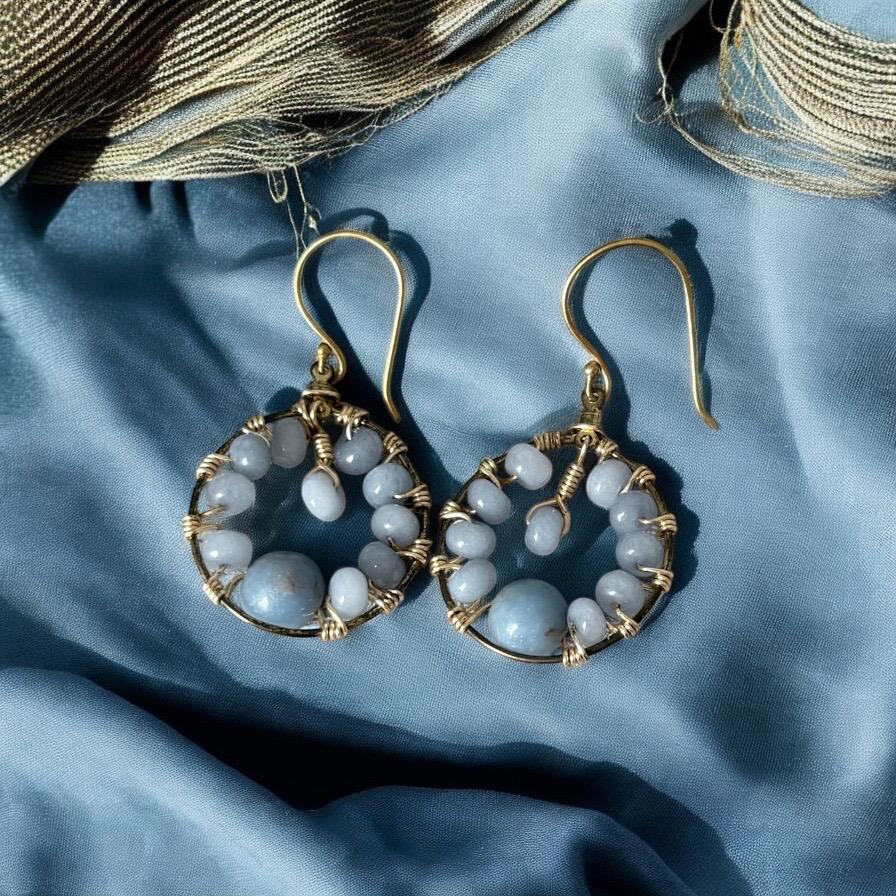 Gold Hoop Earrings with Wire Wrapped Blue Stones