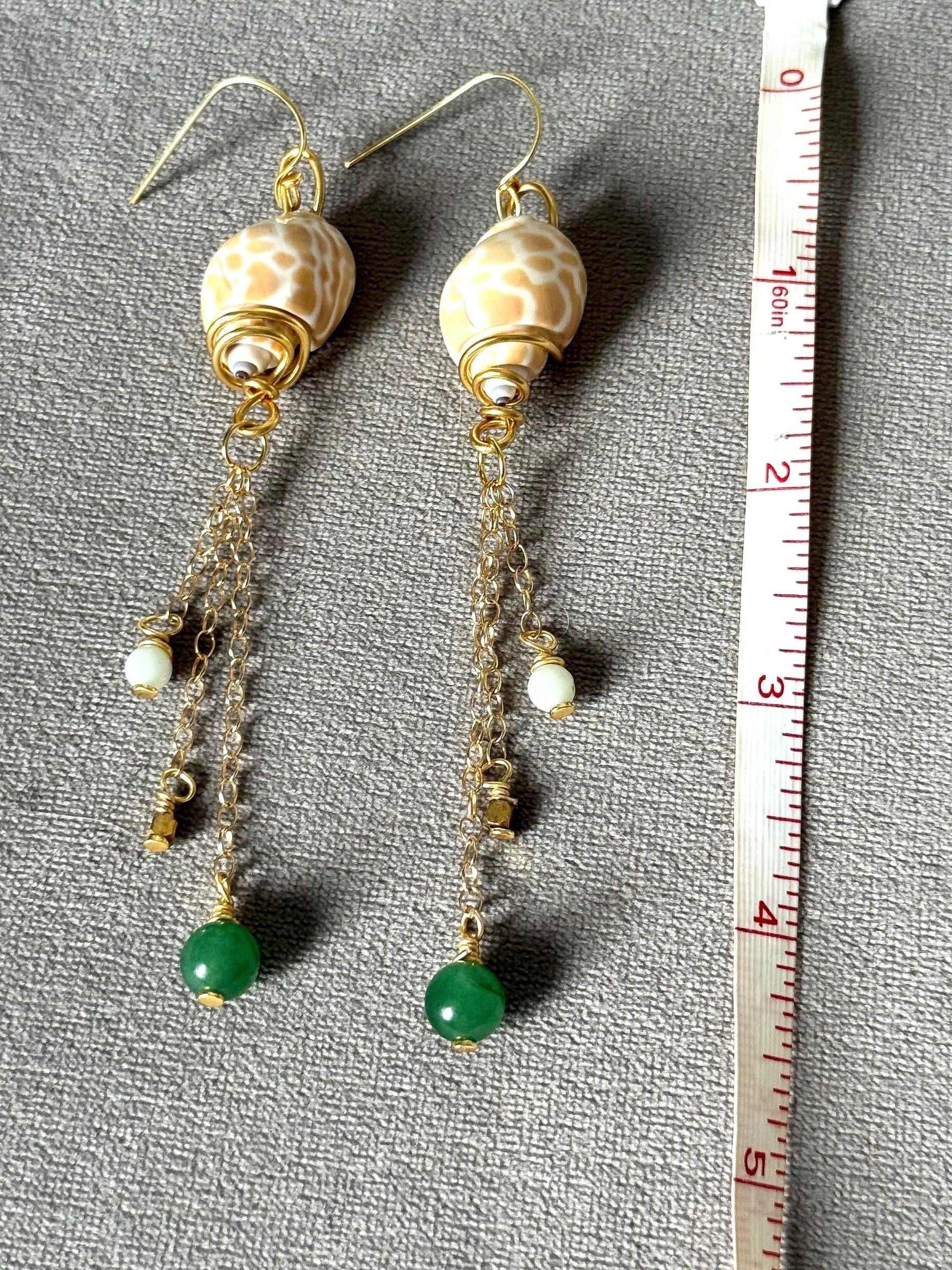 Desert Mermaid Drops – Shell & Gold Chain Earrings with Jade Charms