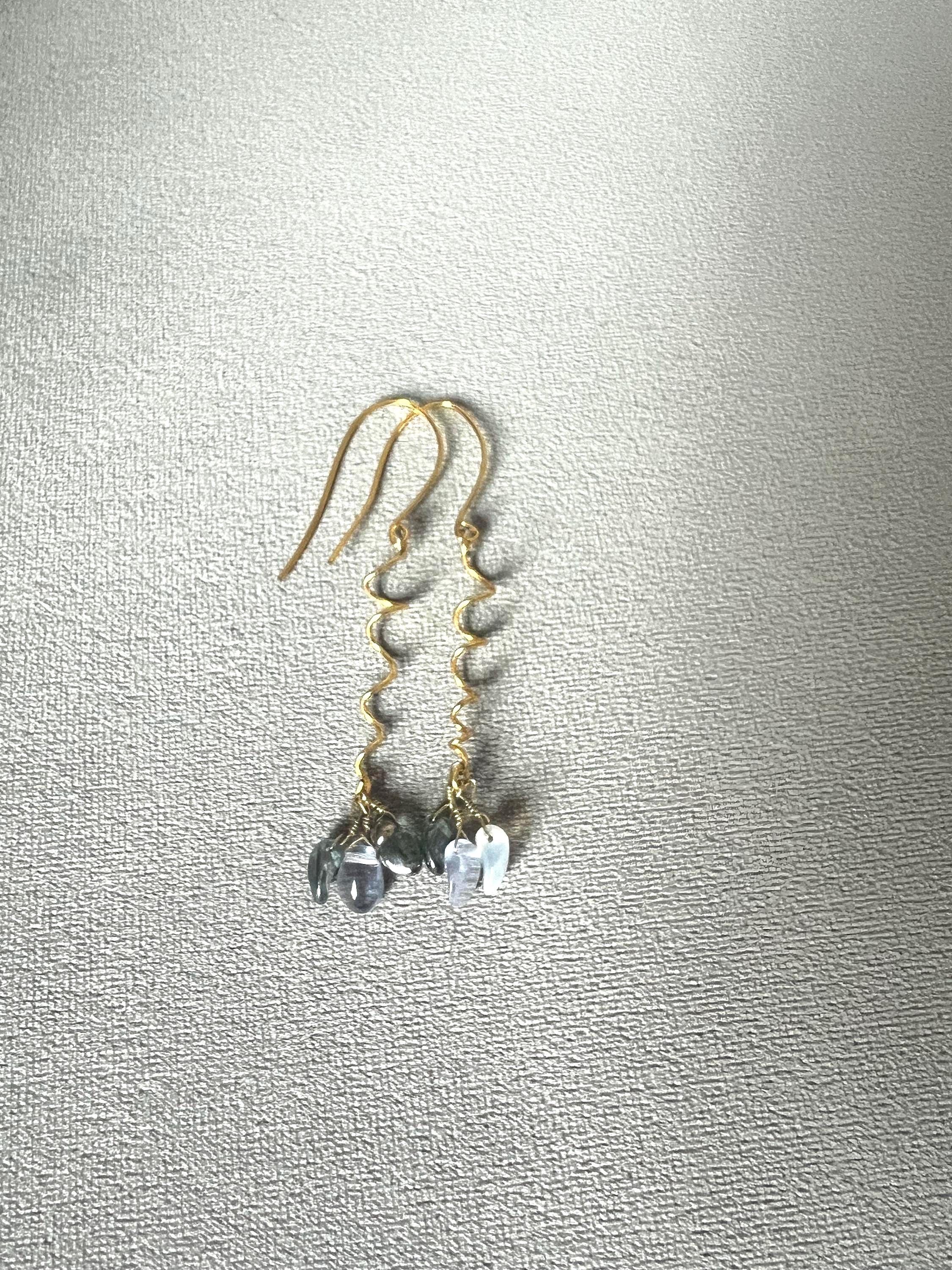 Gold Spiral Drop Earrings with Blue Crystal Clusters