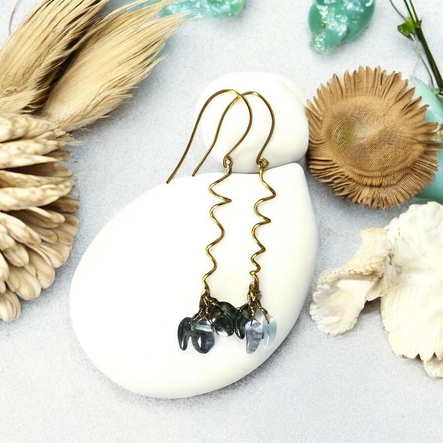 Gold Spiral Drop Earrings with Blue Crystal Clusters