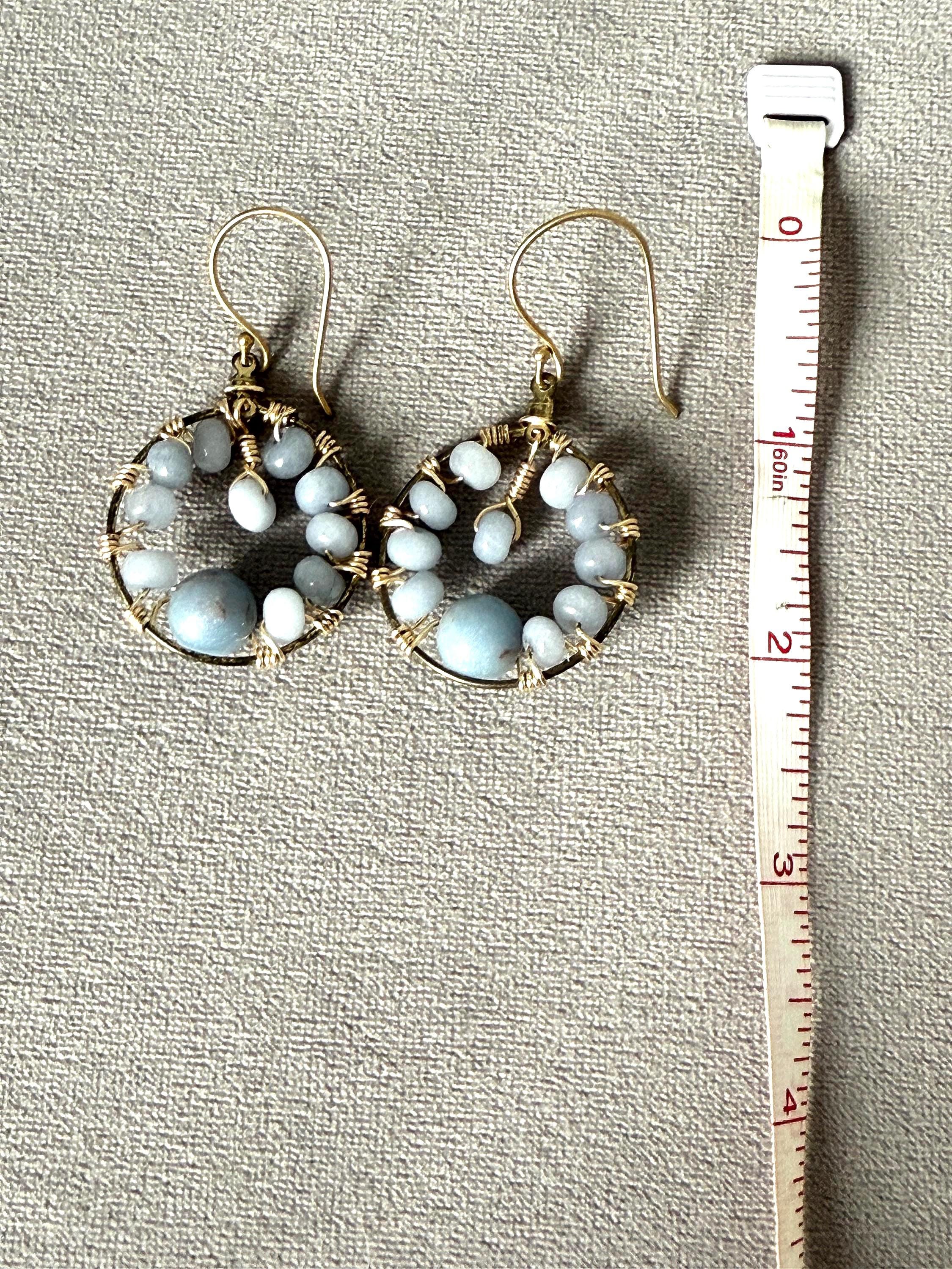 Gold Hoop Earrings with Wire Wrapped Blue Stones