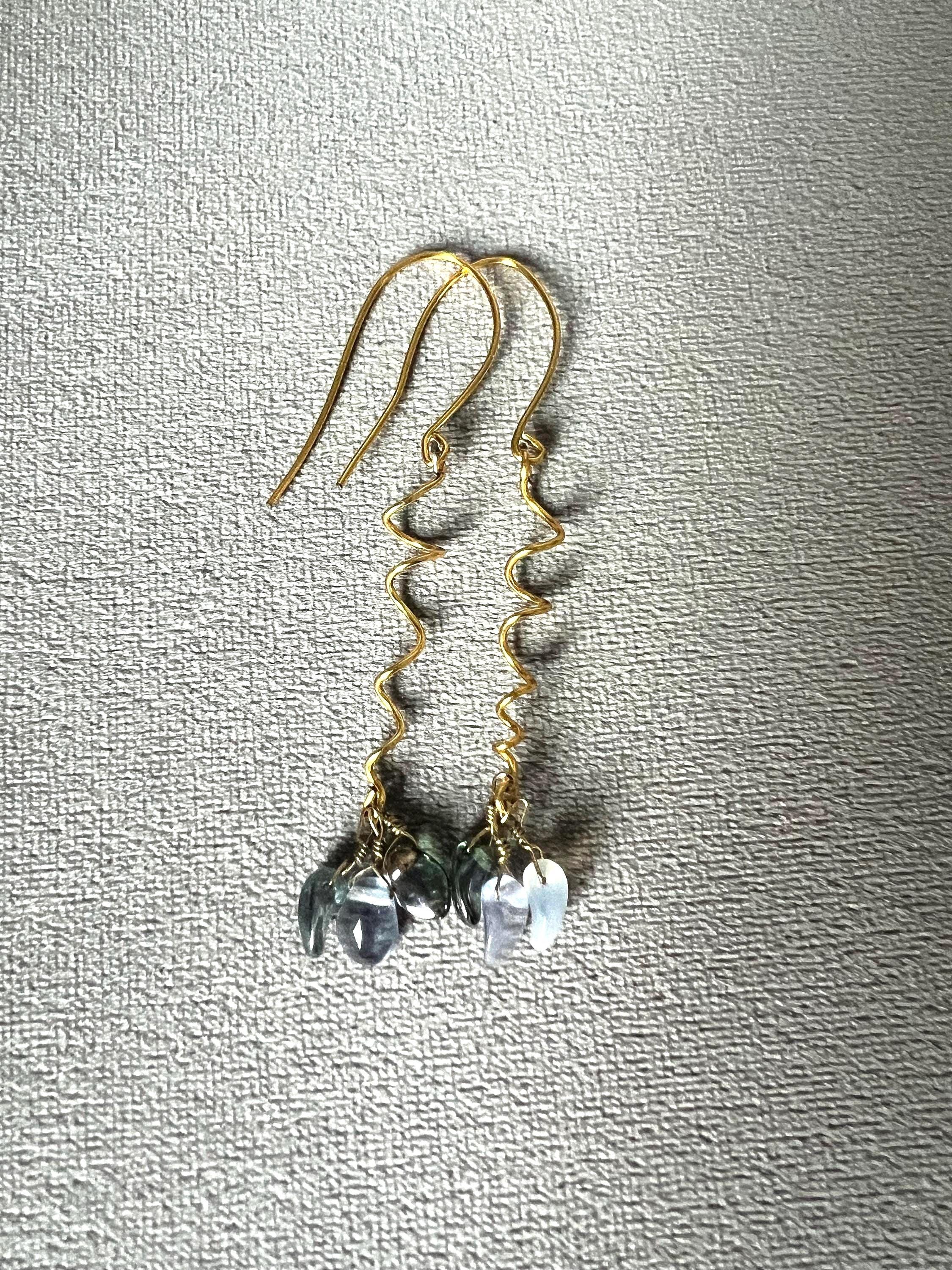 Gold Spiral Drop Earrings with Blue Crystal Clusters