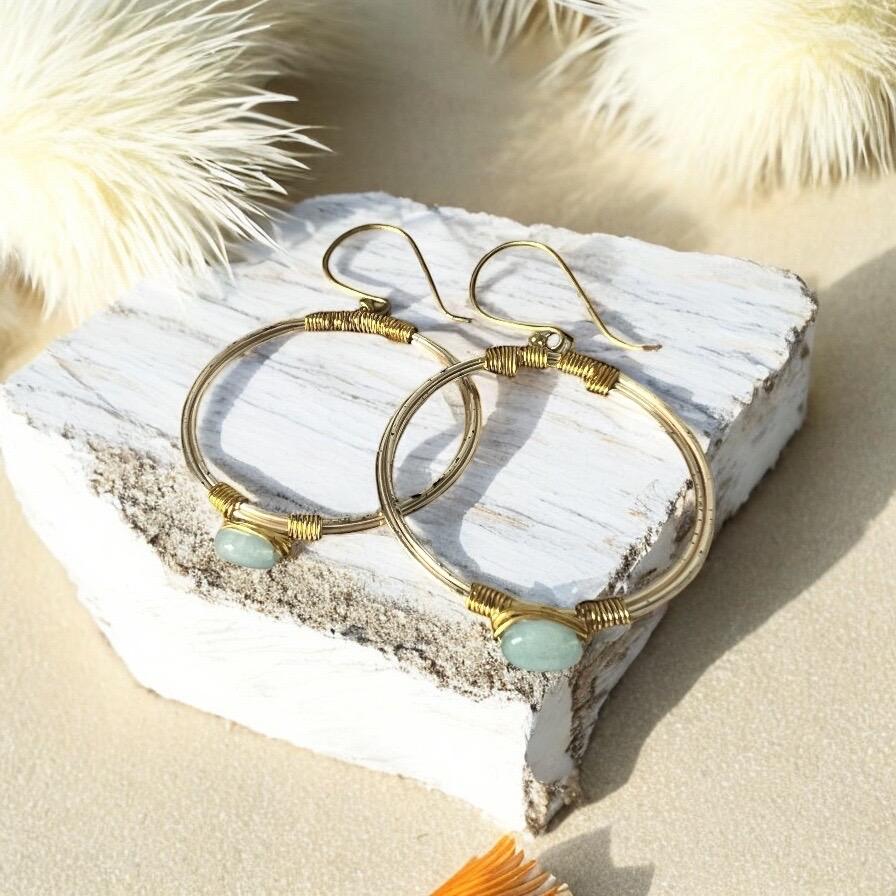 Gold Hoop Earrings with Wire Wrapped Stones