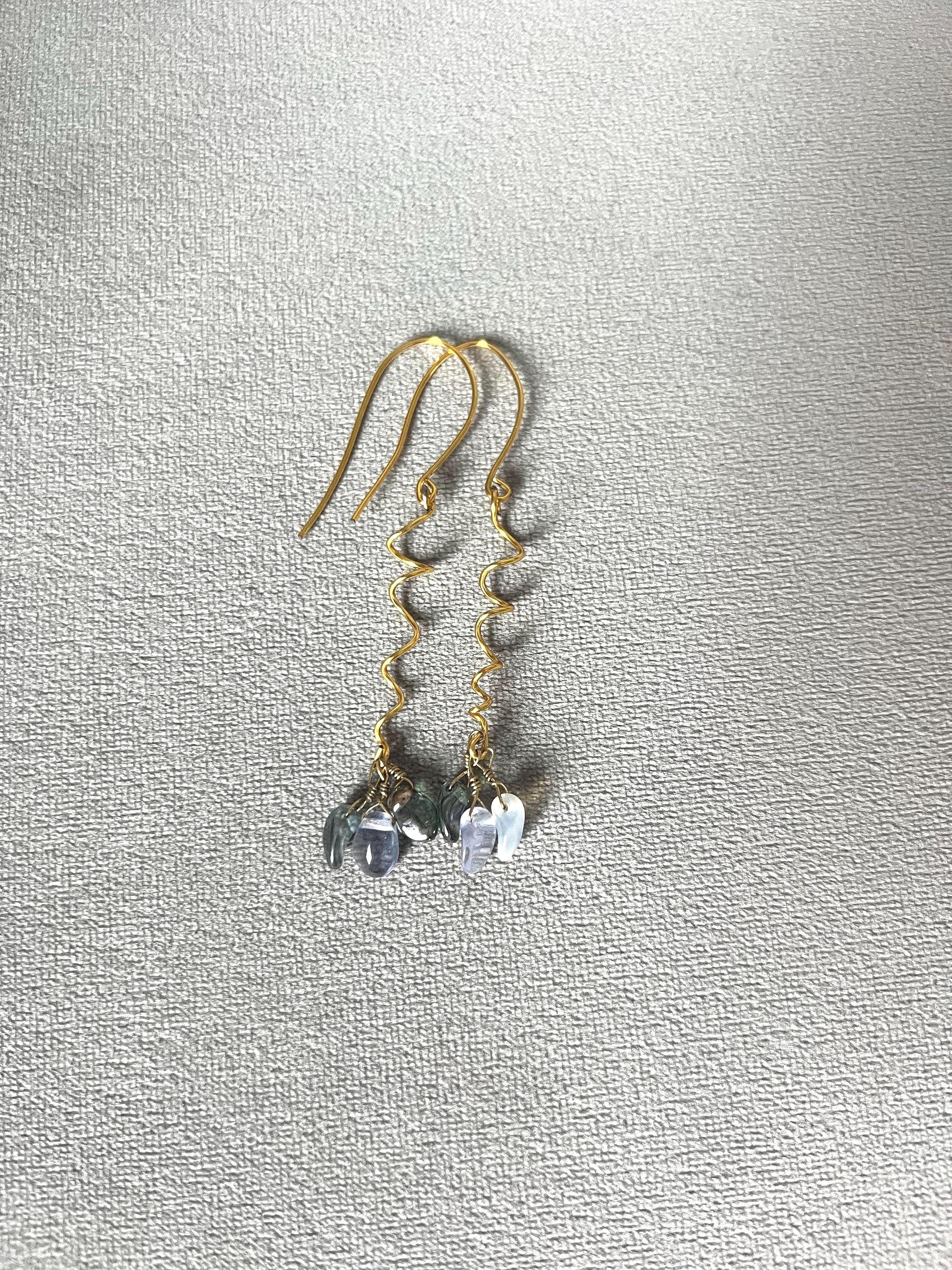 Gold Spiral Drop Earrings with Blue Crystal Clusters