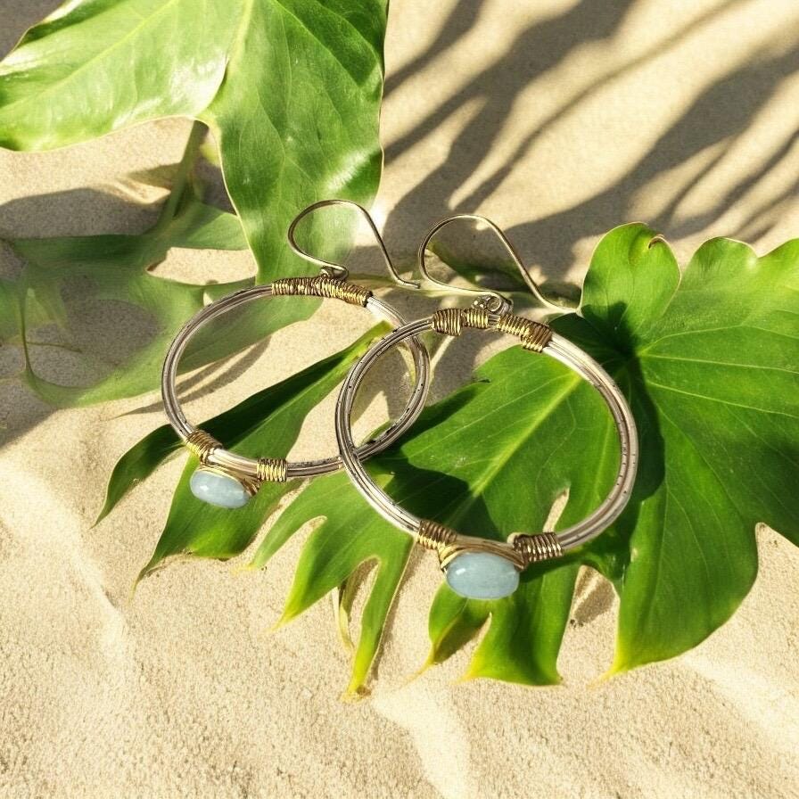 Gold Hoop Earrings with Wire Wrapped Stones