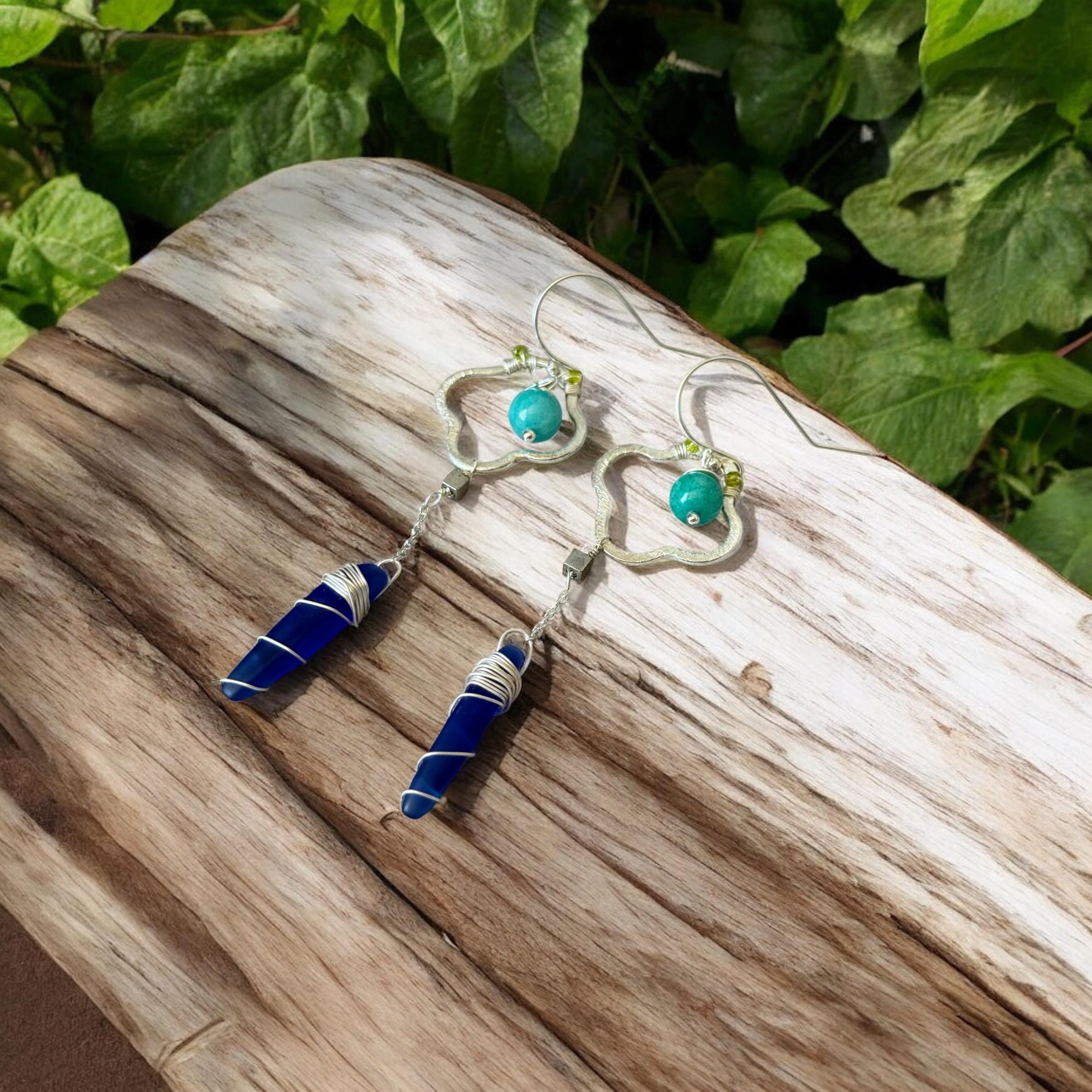 Sapphire Sea Glass Spire Drop Earrings