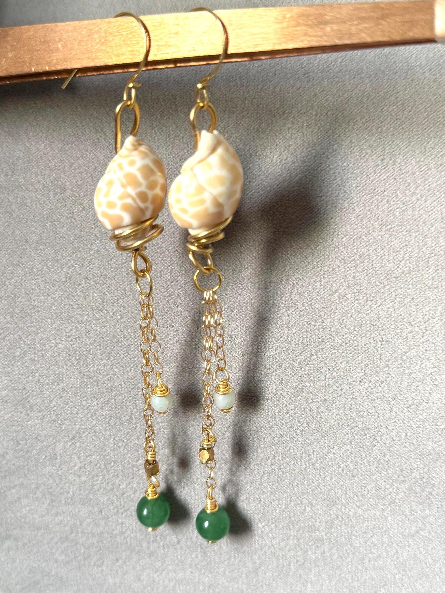 Desert Mermaid Drops – Shell & Gold Chain Earrings with Jade Charms