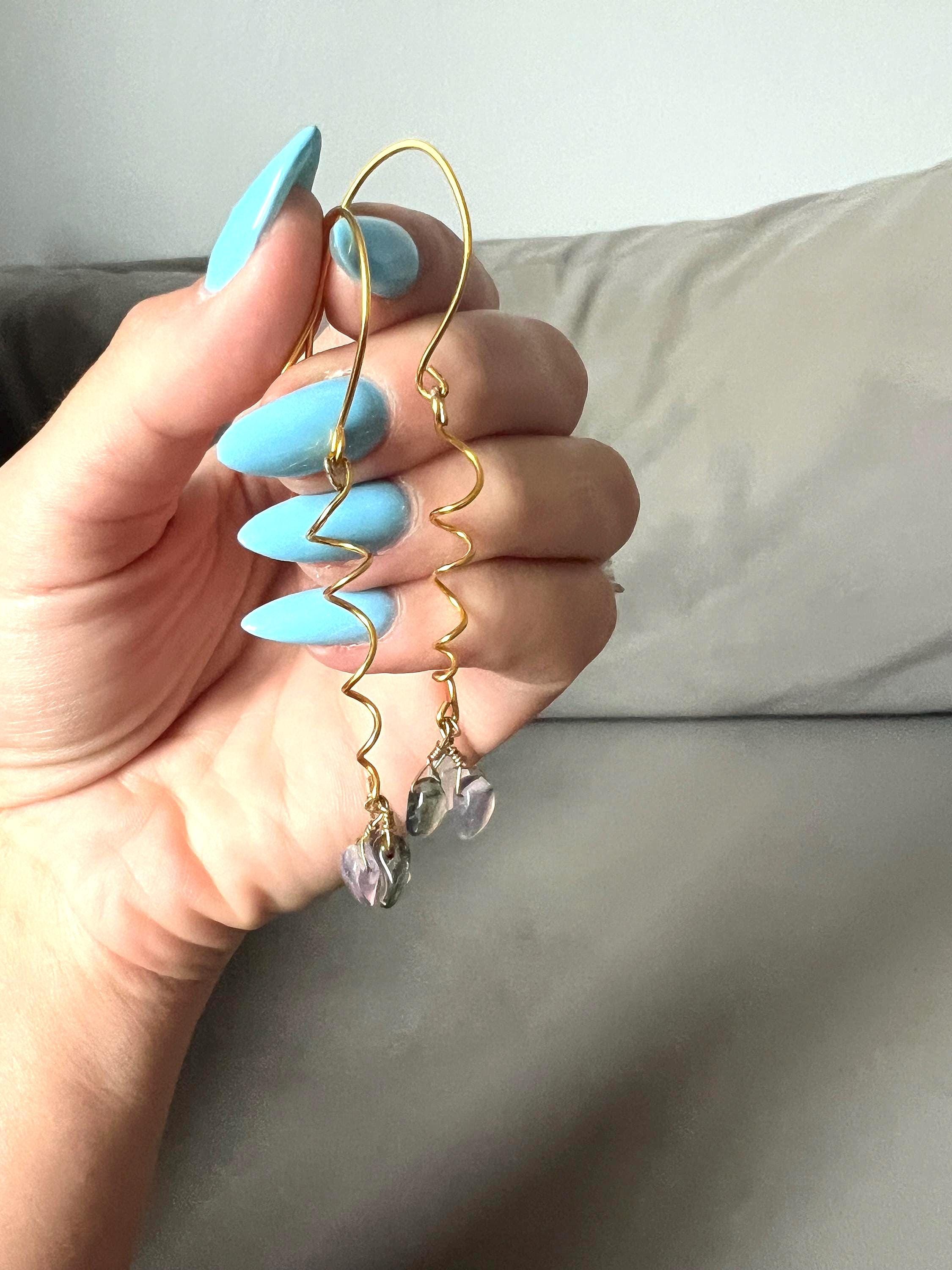 Gold Spiral Drop Earrings with Blue Crystal Clusters