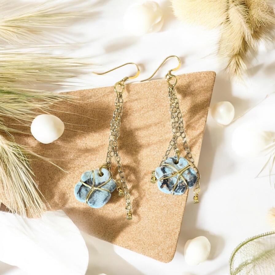 White, Blue & Gold Ceramic Floral Drop Earrings