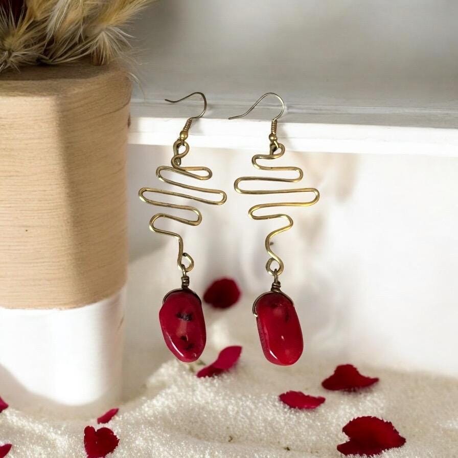 Twisted Gold & Cherry Stone Drop Earrings