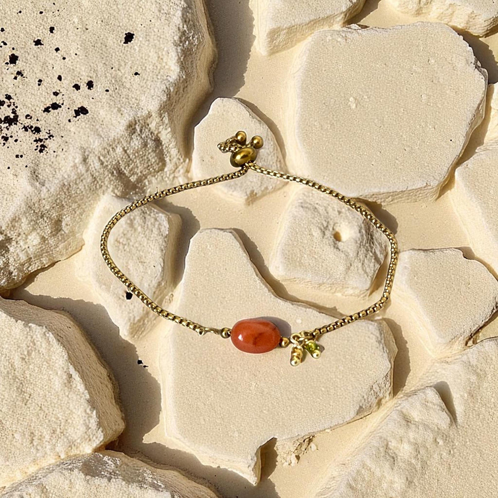 Gold Gemstone Bolo Chain Bracelet – Turquoise, Rose Quartz, or Red Jasper