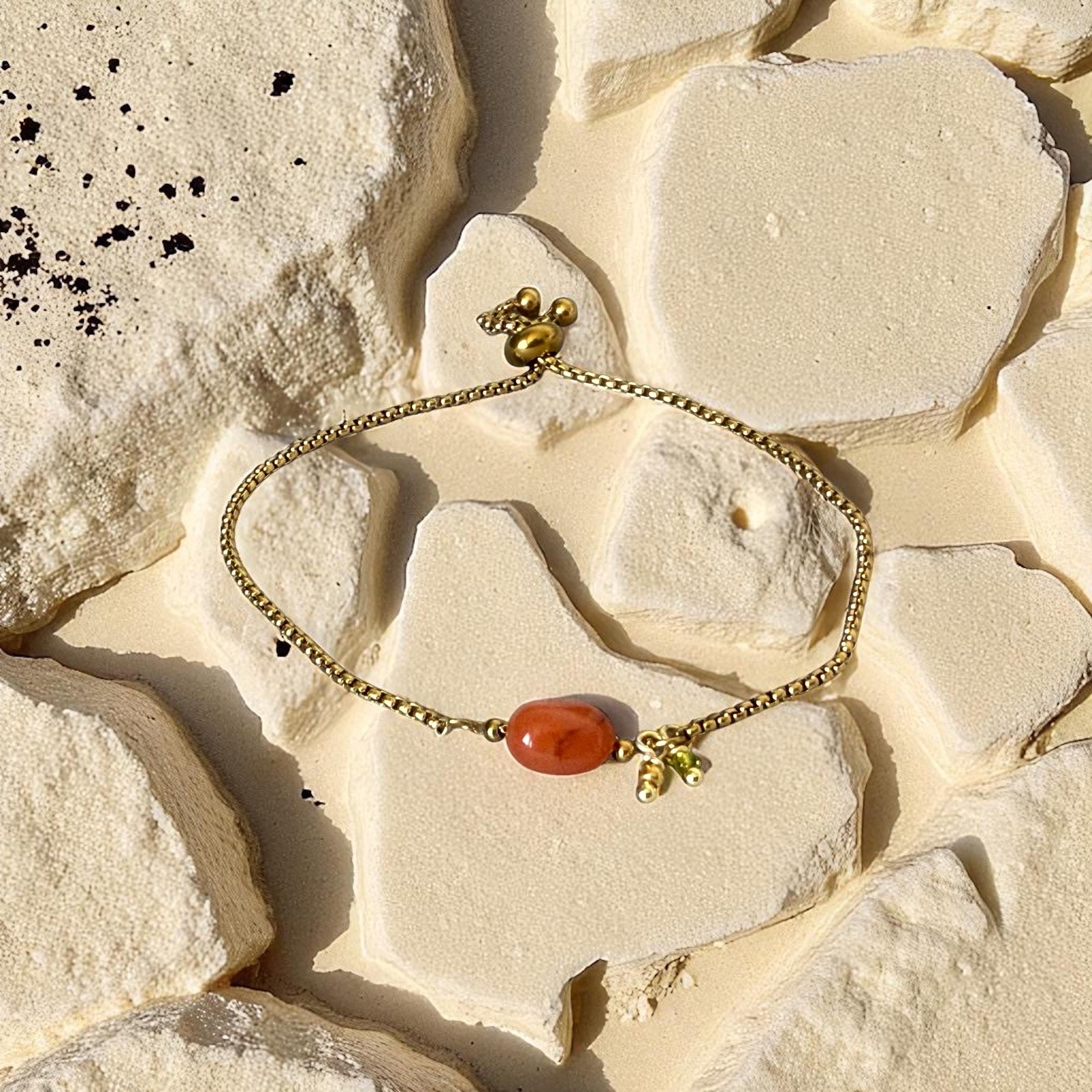 Gold Gemstone Bolo Chain Bracelet – Turquoise, Rose Quartz, or Red Jasper