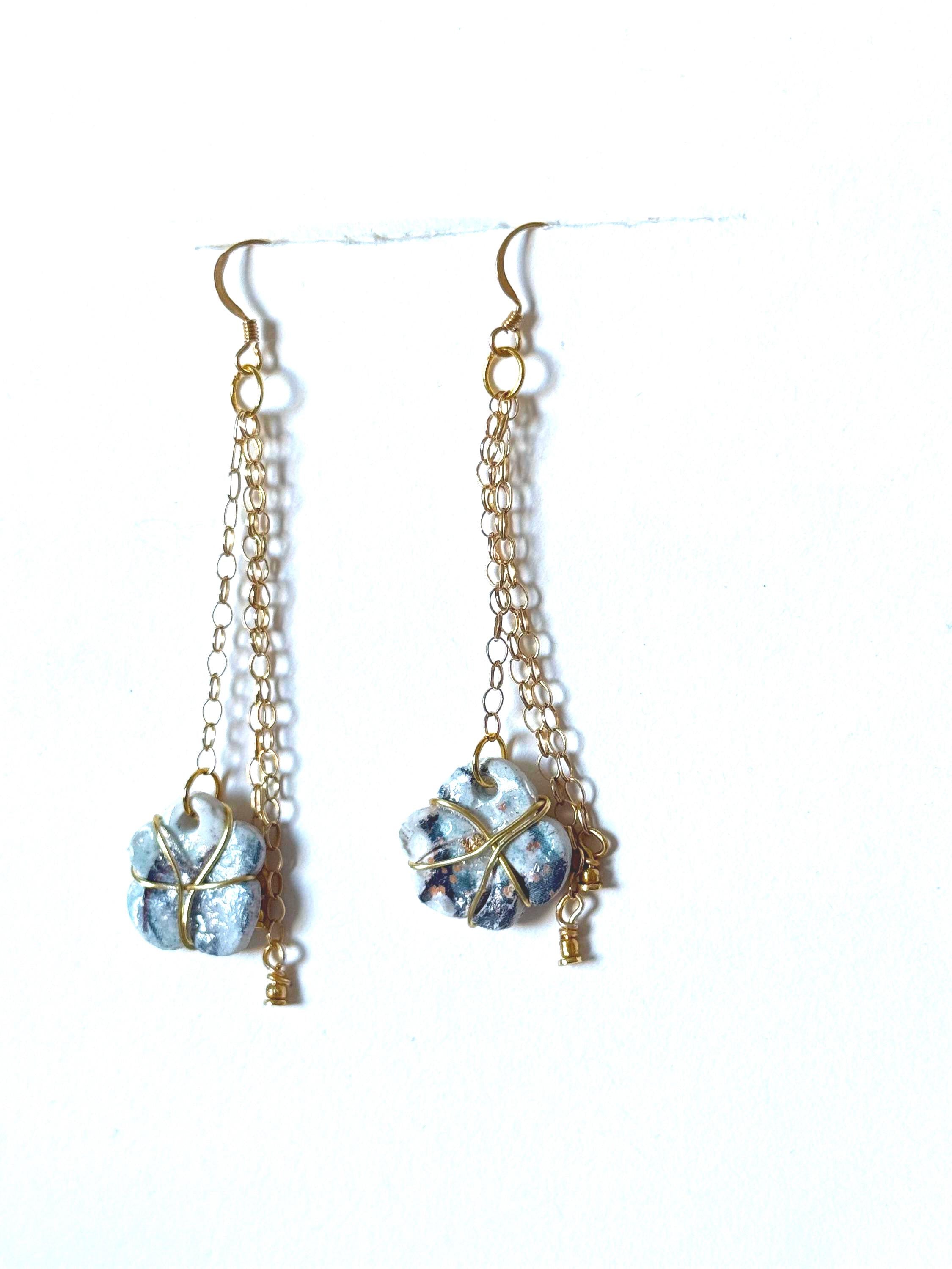 White, Blue & Gold Ceramic Floral Drop Earrings