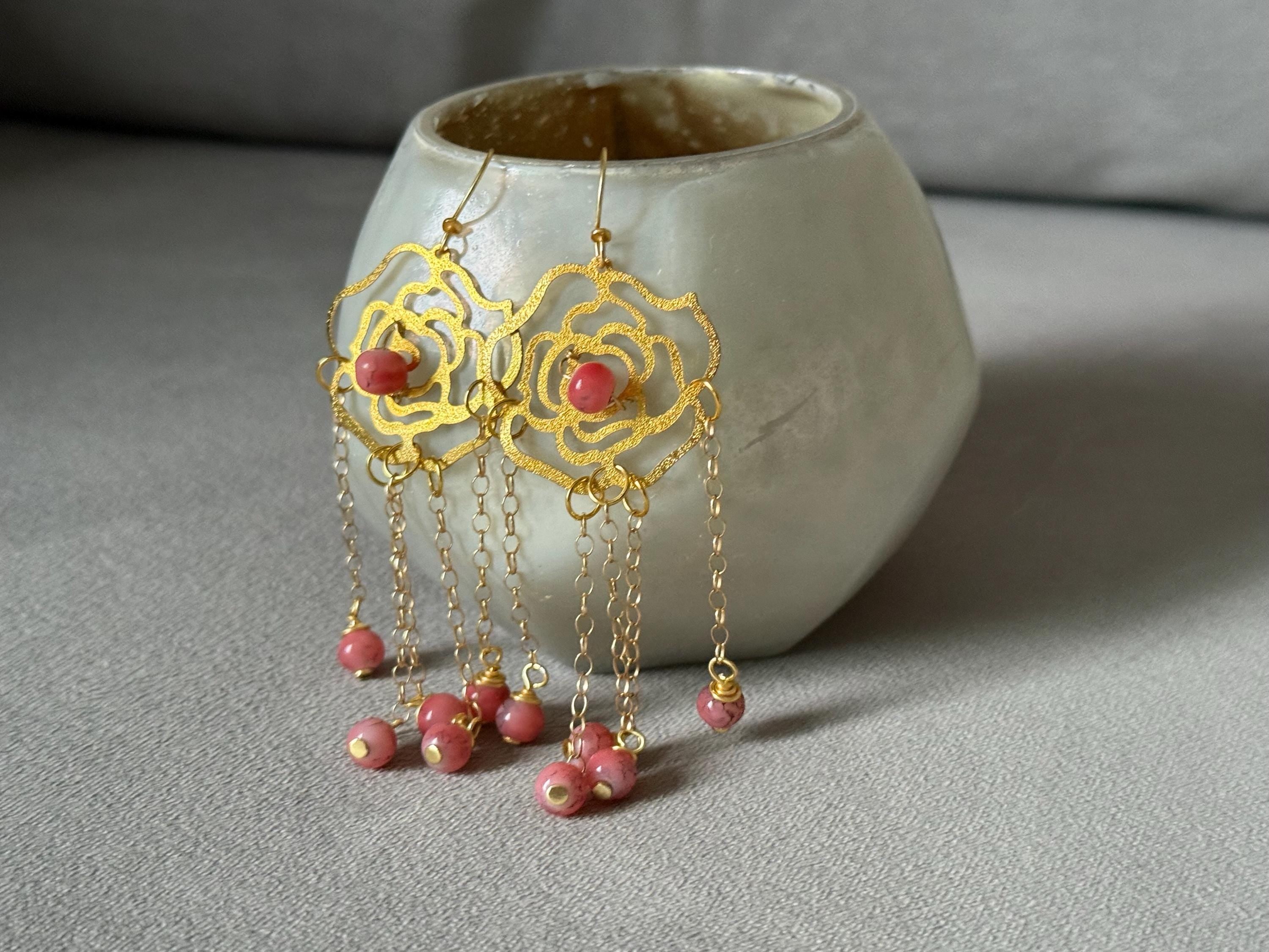 Rosé Dangles – Luxe Gold & Pink Chain Statement Earrings
