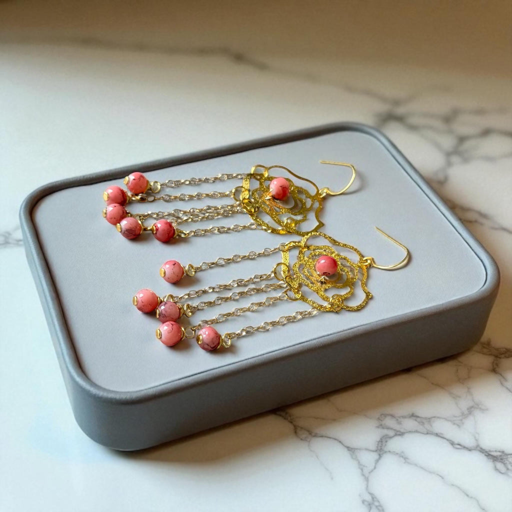 Rosé Dangles – Luxe Gold & Pink Chain Statement Earrings