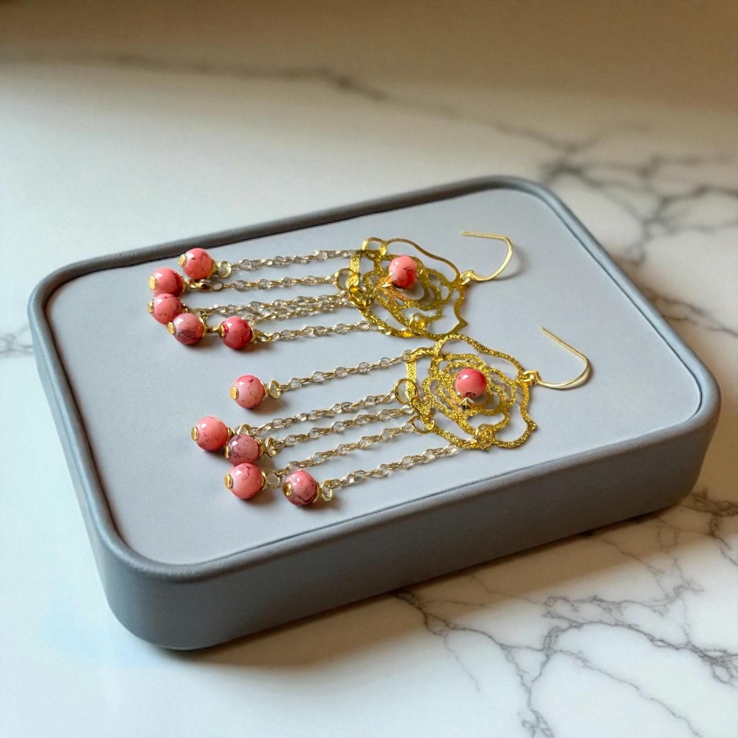 Rosé Dangles – Luxe Gold & Pink Chain Statement Earrings