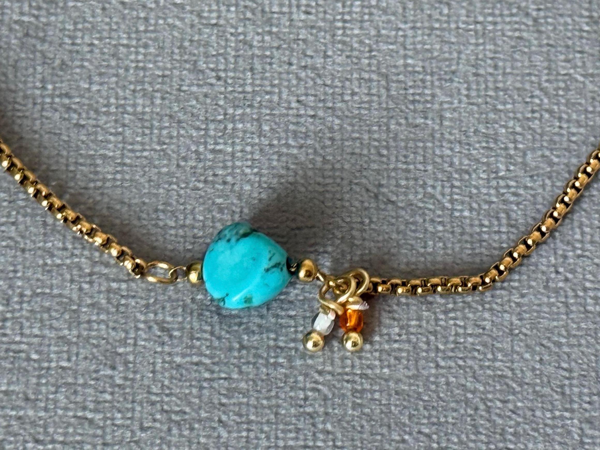 Gold Gemstone Bolo Chain Bracelet – Turquoise, Rose Quartz, or Red Jasper