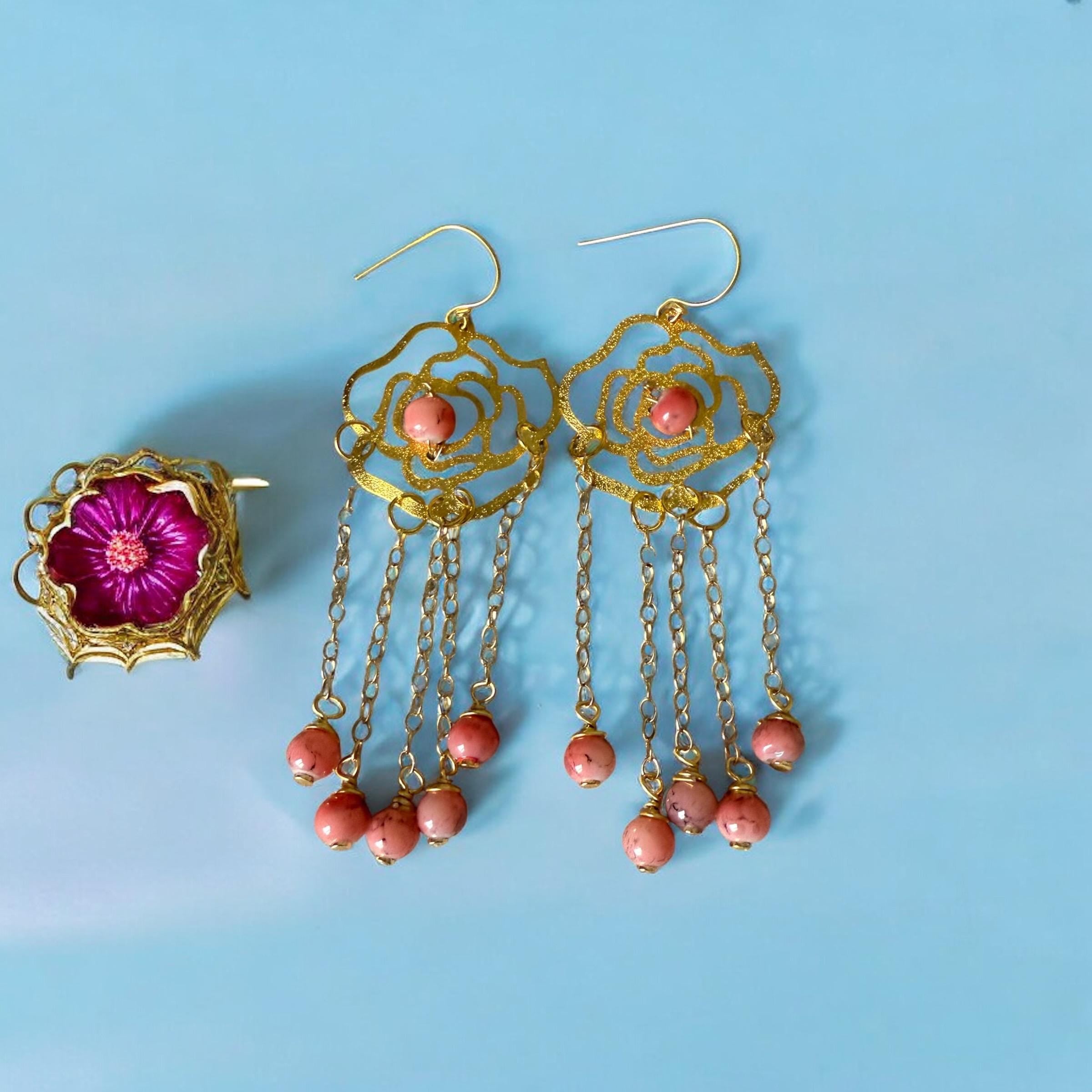 Rosé Dangles – Luxe Gold & Pink Chain Statement Earrings