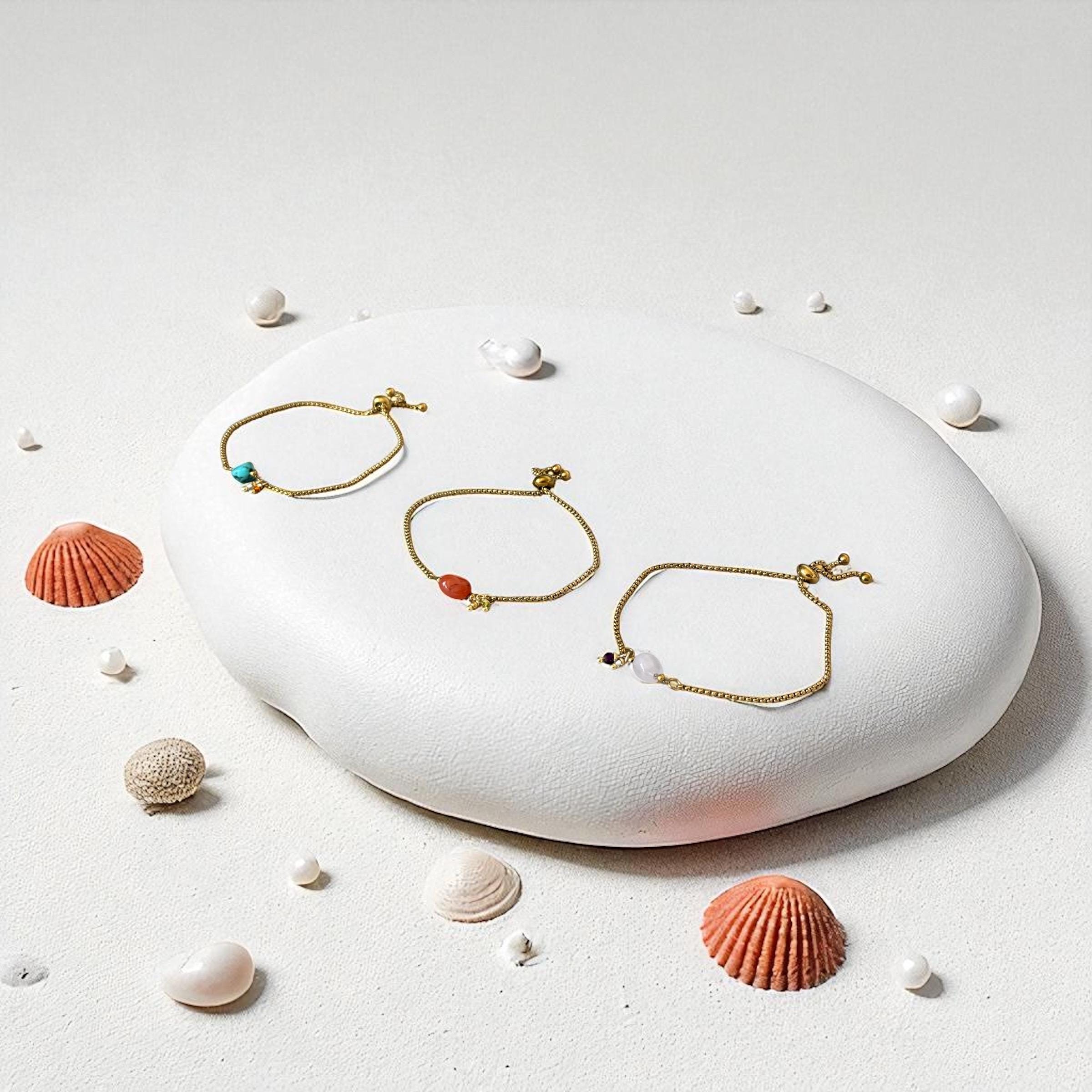 Gold Gemstone Bolo Chain Bracelet – Turquoise, Rose Quartz, or Red Jasper