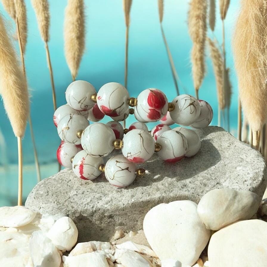 Bold Red & White Marbled Bead Stretch Bracelet with Gold Accents