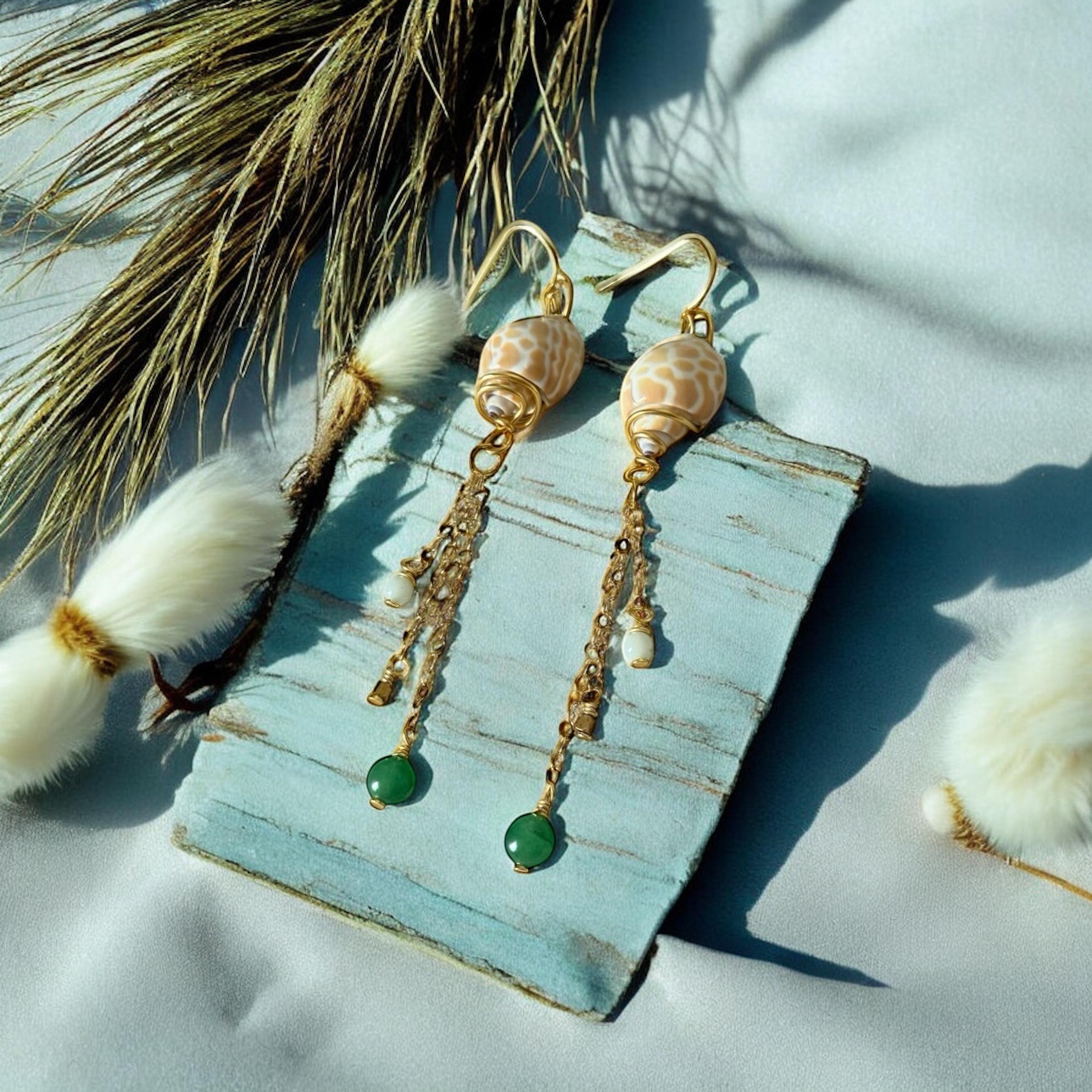 Desert Mermaid Drops – Shell & Gold Chain Earrings with Jade Charms