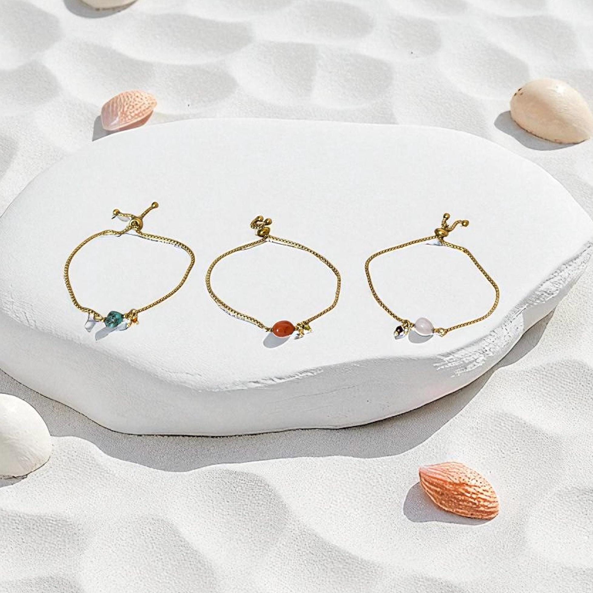 Gold Gemstone Bolo Chain Bracelet – Turquoise, Rose Quartz, or Red Jasper