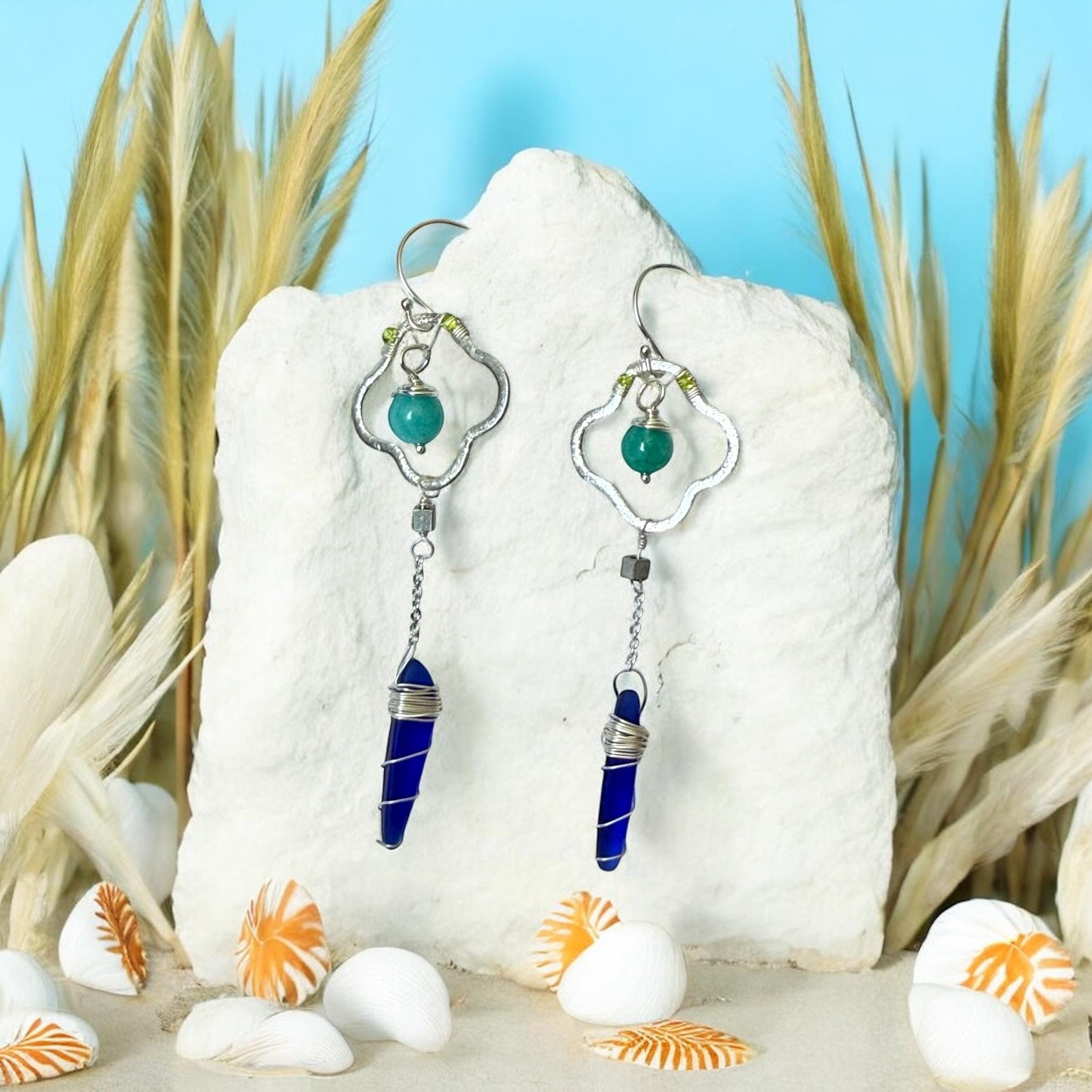 Sapphire Sea Glass Spire Drop Earrings