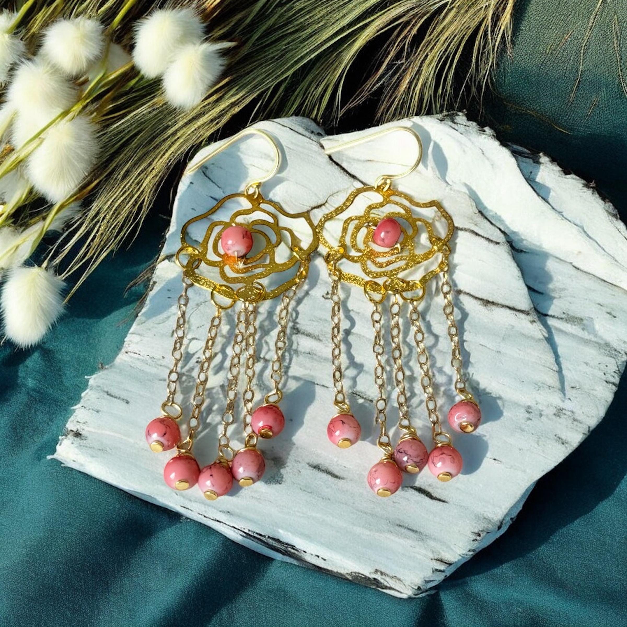 Rosé Dangles – Luxe Gold & Pink Chain Statement Earrings
