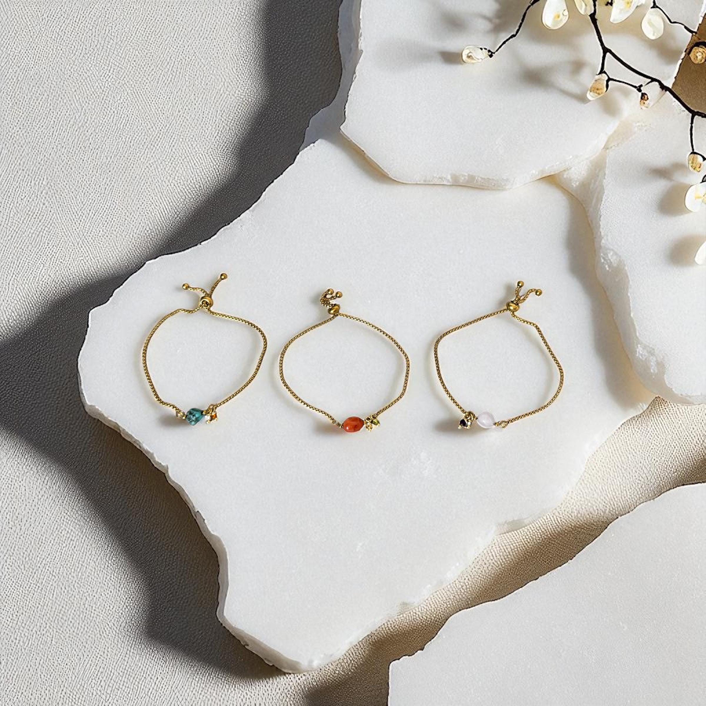 Gold Gemstone Bolo Chain Bracelet – Turquoise, Rose Quartz, or Red Jasper